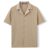 Men Chevron Pattern Cuban Collar Short Sleeve Casual Button Up Shirt M chaki