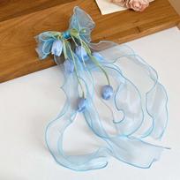 Pendant Tassel Tulip Hair Clips Mesh Ribbon Organza Bowknot Barrette Muguet Flower Hairpin  Teatime mėlyna