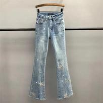 Summer Pentagram Embroidered Hot Drilled Micro Pull Denim Jeans for Women Wash Elastic High Waist Slim Denim Trousers S