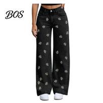 Personalized Design Jeans Girl's Bow Cherry Print Baggy Jeans, Wide Leg Mid Waisted Comfortable Stretch Denim Pants, Zipper Fly Elastic Casual S