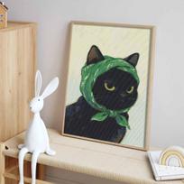 Diamond painting kit full diamond round mosaic black cat with green scarf handmade home decoration gift Round 20x30cm