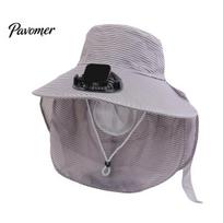Versatile Baseball Cap Solar Fan Hat Striped Wide Brim Sun Bucket with Built-in UV Lightweight Protection Fishing Neck Flap for Outdoor Camping Hiking A
