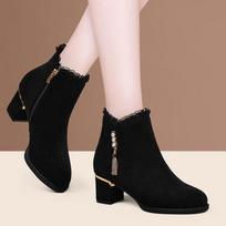 British Style Winter Boots Women - Round Toe Tassel Furry Lined Mid Heel Ankle Boots Diamond Decor Zip Side 34