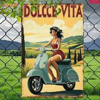 Vintažinis metalinis plakatas Sienos menas Italijos kraštovaizdis Mergina ant motorolerio Dolce Vita Namų dekoras Dovana black