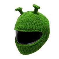 Punk Devil Horn Motorcycle Helmets Cover Plush Cartoon Knitted Helmets Protective Cover for Enjoyable Rides Snowboarding žalia