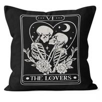 Gothic Tarot Pillowcase, Skeleton Lovers Cushion Cover, The Lovers Card Decor, Black and White Throw Pillow for Bedroom 45x45cm white
