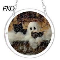 Clear Acrylic Halloween Hanging Suncatcher Jigsaw Puzzle Set, Spooky Ghost Floral Meadow Window Ornament with Metal Stained Glass Frame & E