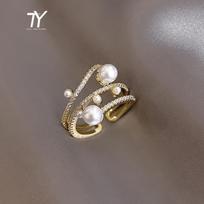 Luxurious And Exquisite Three-Layer Pearl Gold Color Adjustable Ring For Woman Jewelry Korean Fashion Girls Unusual Accessories resizable&Gold-color