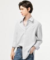 Dan House Gray Hidden Button Side Cutting Long Stripe Shirts Gray Stripe/F