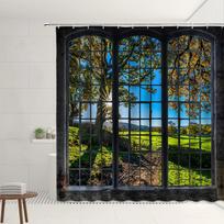 Retro Window Shower Curtain Set Autumn Forest Waterfall Vintage Street Flower Plant Modern Architecture Scenery Bathroom Screens W90XH180cm