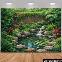 2D Zen Pond Background Cloth Waterfall with Rocks and Pink Water Lilies Decor 47.2x31.5inch/120*80cm
