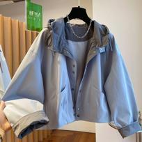 Unique Contrasting Color Splicing Hooded Jacket Women's Spring Clothing New Loose Casual Versatile Short Jacket Top Tide S dangaus mėlyna spalva