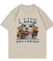 Fashion I Lick Batteries Cat Meme T Shirts Unisex Unisex Cat Tshirt Round Neck Short Sleeve Trendy Tee Shirt Streetwear S