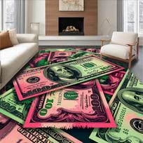 Fun Dollar Bill Print Area Rug Vibrant Pink Green Money Cash Themed Carpet Non-Slip Indoor Floor Matfor Living Room Game Room 40X60CM