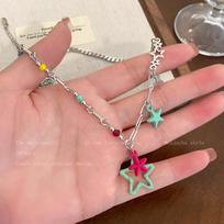 Dopamine Pink Green Pentagram Necklace Women Niche Sweet Cool Colorful Sweater Chain Jewelry Gift