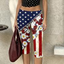 Women's Milk Silk Casual Pants with Independence Day Print - Great for Summer, Lounging, Casual Wear, and Independence Day Events M mėlyna