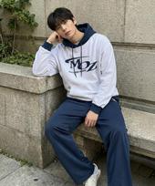 Moz Moz [Set] Active Logo Color Block Hoodie Training Set White Melange Top (White Melange) 2