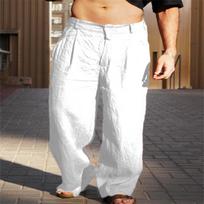 Men Linen Blend Pleated Wide Leg Pants Button Fly Casual Summer Trousers S balta