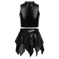 Girls Jazz Dance Performance Crop Top Sleeveless Mock Neck Metallic Shiny with Sequin Asymmetric Skirt for Stage Competition 5-6 Years