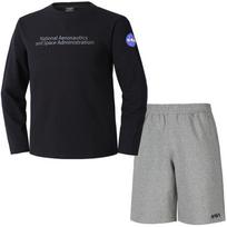 Nasa Unisex Crew Neck Long Sleeve T-Shirt + Knee-Length Cotton Shorts Set [Black + Light Melange] 100