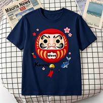 Kawaii Japan Style Daruma Lucky Doll Goldfish Cherry Blossom Graphic Unisexs Pure Cotton Loose Streetwear Tops M