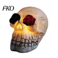 Halloween Ambient Light Gothic Up Skull Rose Flower Figurine, Day of Dead Resin Party Decorations Statue, Spooky Skeleton Head Lamp for Desk 2