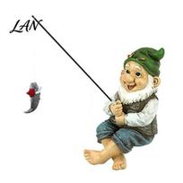 Flower Pot Hanging Decor Fishing Gnome Ornament with Detachable Rod, Garden Sitting Dwarf Statues, Statues Resin Figurine for Pond Yard Lawn A beige