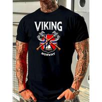 Men's Viking Norway Norse Viking Ship & Viking Graphic T-Shirt - Norwegian Flag Print, Viking Longship Design, Micro-Stretch Knit Fabric S juoda