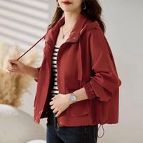 Solid Color Cardigan Windbreaker Jacket Women's Short Fashion Loose Western Style Casual Hooded Top L raudona