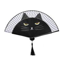 Cartoon Cat Folding Fan Japanese Style Wooden Hand Held Fan Portable Summer Fan Decoration Dance Performance Props Party Accessories