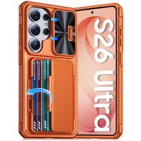 Su kortelių laikikliu, slankiojančiu kameros dangteliu ir stoveliu, skirtas Samsung Galaxy S26 Ultra telefono dėklas, apsaugantis nuo kritimo, PC+TPU piniginės dėklas - Violetinis oranžinė