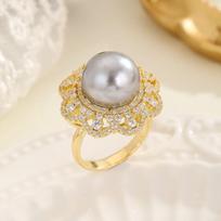Luxurious Retro Palace Style Exaggerated Oversized Micro-Paved Zirconia Large Pearl Opening Size Adjustable Ring
