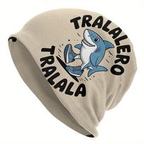 Tralalero Tralala Italian Brainrot Skull Cap  Unisex Hip Hop Beanie Hat with Cartoon Shark Design Beige Polyester Blend Adjus One Size