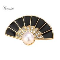 Faux Pearl Fan Accessory Rhinestone Brooch, Women Girls Chinese Lapel Decorative Pin, Badge Jewelry for Clothes Bag Hat Scarf Suit Long-lasting Brooch