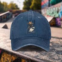 Samurai Cat Riding Shark Washed Baseball Cap Unique Graphic Adjustable Outdoor Cotton Snapback Hat One Size