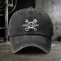 Mechanic Graphic Washed Baseball Cap Denim Outdoor Sun Shade Curved Brim Hat for Unisex One Size