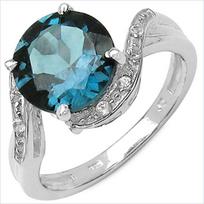 London Blue Topaz Halo Ring 14K White Gold Plated Sterling Silver Ring with White Topaz Accents, Statement Ring for Women 8