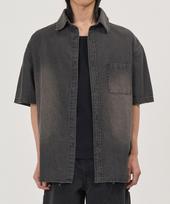 X Container Damaged Washed Denim Half Shirt (Fade Black) Fade Black/M