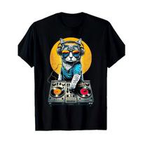 European sizes Men's DJ Cat Graphic T-Shirt- Black 100% Cotton, Short Sleeve, Round Neck, Casual Fit, Cool Cat with Headphones S juoda