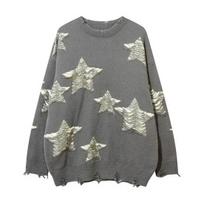 Moterims Preppy žvaigždžių oversize megztinis laisvo kirpimo, apvalia iškirpte, ilgomis rankovėmis, puloveris, megztinio viršus, rudens žiemos megztinis M pilka