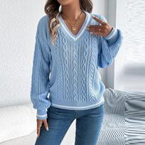 Women's Color-blocking V-neck  Long-sleeved Sweater L mėlyna