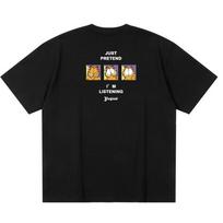 Garfield  Just Pretend I'm Listening  Front & Back Print T-Shirt, American Streetwear Heavyweight Cotton Loose Fit Oversized Couple Top S gray