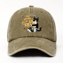 Cute Cat With Yellow Flowers Baseball Cap Distressed Denim Casual Adjustable Washed Cap One Size