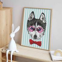 Diamond painting kit husky dog with pink glasses and bow tie. full diamond round mosaic handmade. home decoration gift Round 20x30cm
