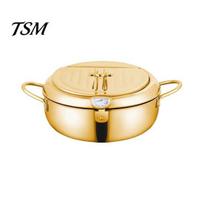 Deep Fryer with Thermometer Stainless Steel Pot Lid Japanese Frying Pan Temperature Control Oil Drainer Rack for Kitchen Home Use Splatter Prevention 20cm