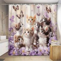 1pc Whimsical Tabby Cats Shower Curtain - Butterfly Accents, Polyester, 12 Hooks, Easy Care, Modern Bathroom Decor W90XH180cm gray