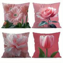 Pastel Pink Floral Pillowcase (Gerbera/Rose/Peony/Tulip): Romantic Botanical-Themed Cushion Cover for Home Sofa Decor 45x45cm