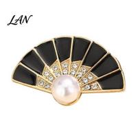 Decorative Fan Accessory Faux Pearl Rhinestone Brooch, Women Girls Chinese Lapel Anti-tarnish Brooch Pin, Badge Jewelry for Clothes Bag Hat Scarf Suit