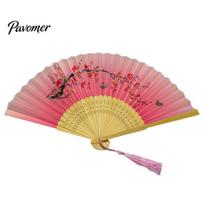 Floral Handheld Fan Vintage Bamboo Folding Hand Imitation Silk Pattern Portable Exquisite Craftsmanship Chinese Style with Tassel Pendant for