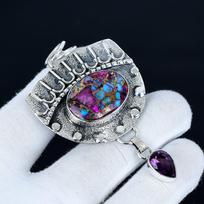 Kingman dygliuotos turkio pakabukas, rankų darbo 925 prabos sidabro papuošalas, ametisto sidabro pakabukas, papuošalai vakarėliui moterims, pakabukas meilės dovana 7 Cm violetinė